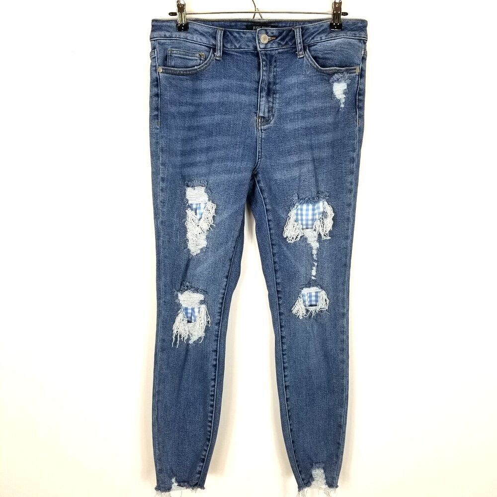 Judy Blue Jeans Womens Size 30 Blue Skinny Plaid Patch Distressed Denim Mid Rise